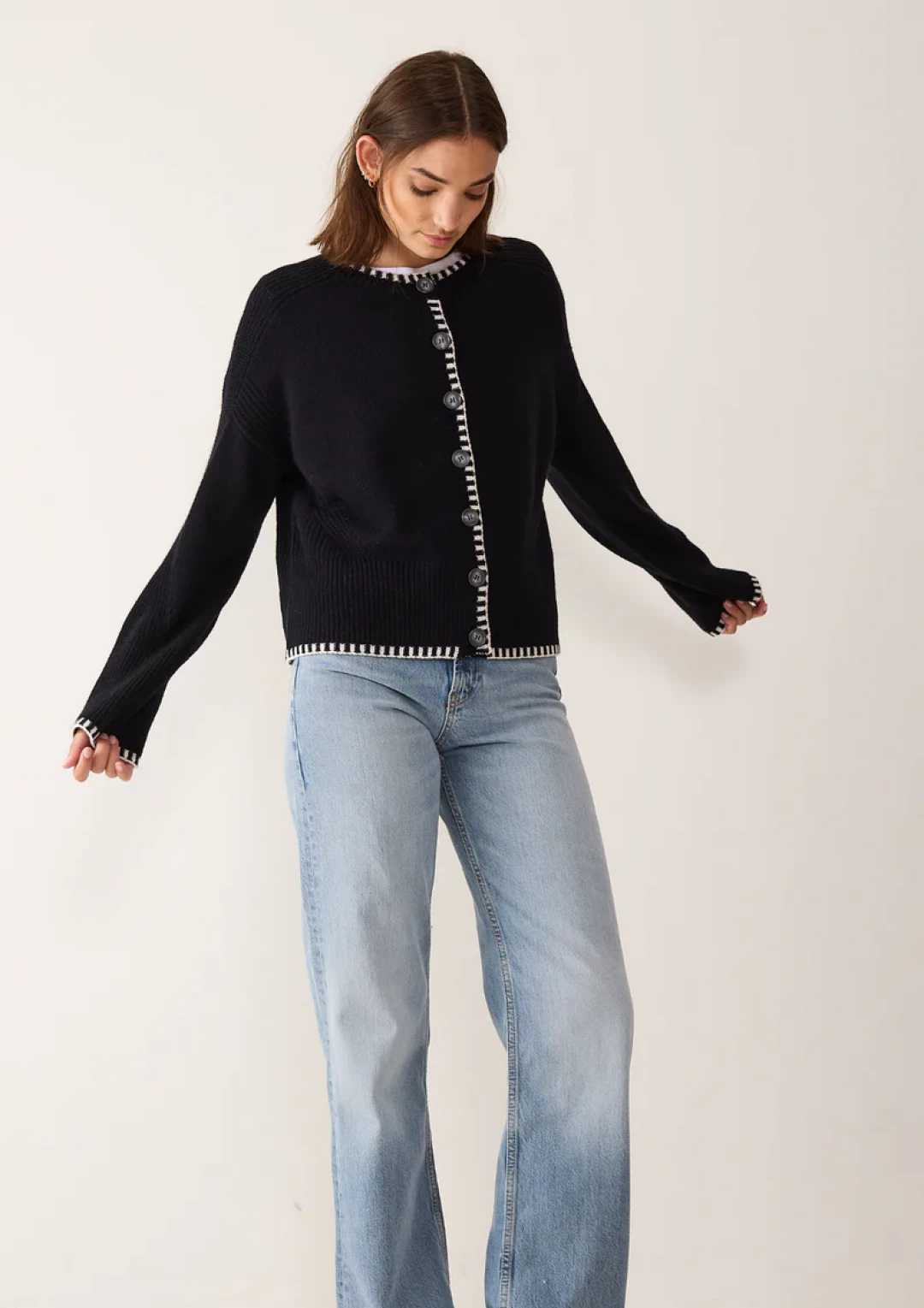 Cashmere Blanket Stitch Cardigan in Jet Black by LOOP Cashmere on curated-crowd.com