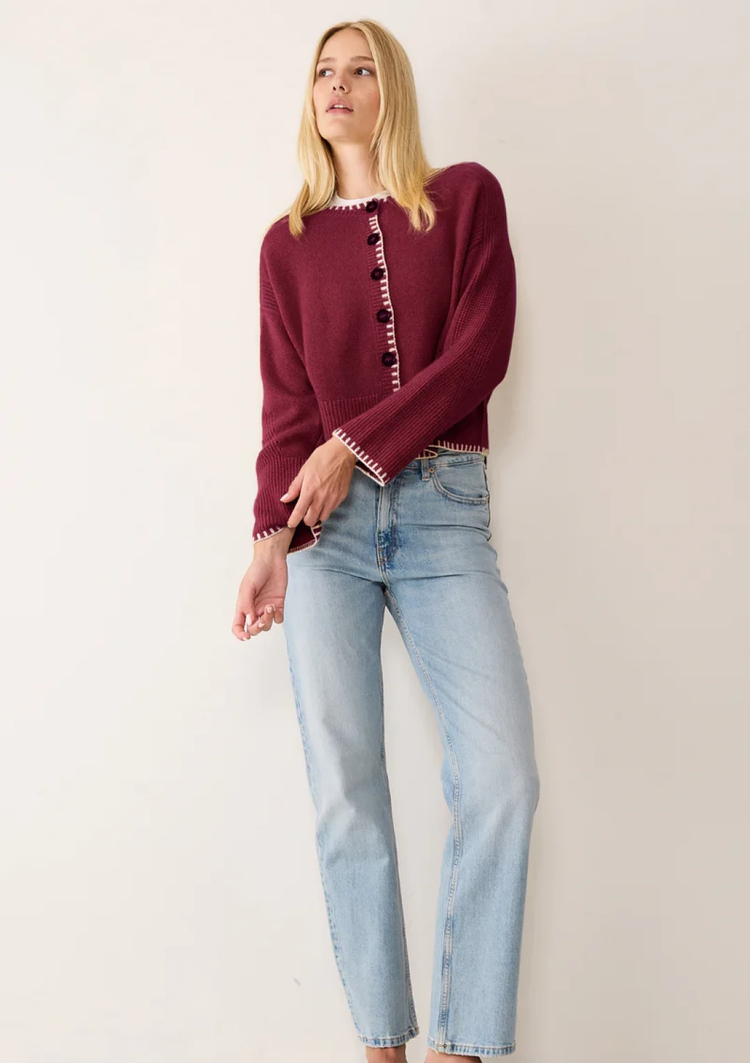 Cashmere Blanket Stitch Cardigan in Barolo Red by LOOP Cashmere on curated-crowd.com