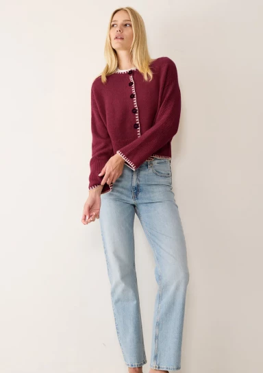 Cashmere Blanket Stitch Cardigan in Barolo Red by LOOP Cashmere on curated-crowd.com