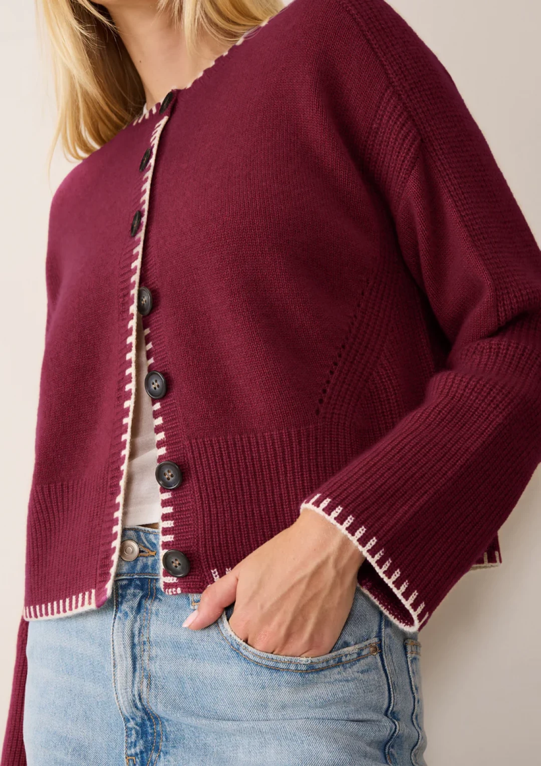 Cashmere Blanket Stitch Cardigan in Barolo Red by LOOP Cashmere on curated-crowd.com