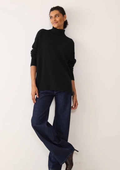 Chevron Detail Polo Neck Sweater in Jet Black by LOOP Cashmere on curated-crowd.com