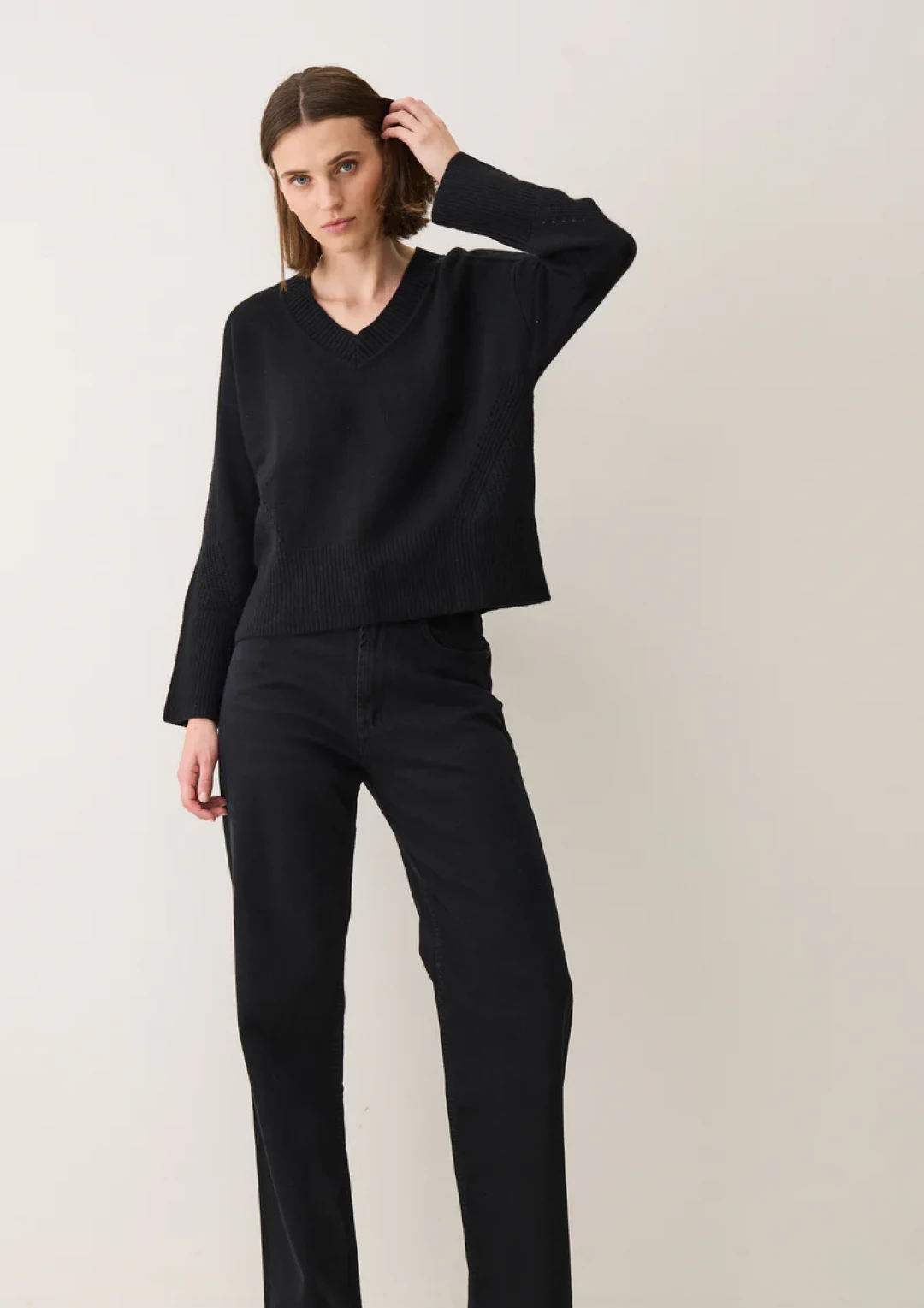 Relaxed Lofty V Neck Sweater in Jet black by LOOP Cashmere on curated-crowd.com
