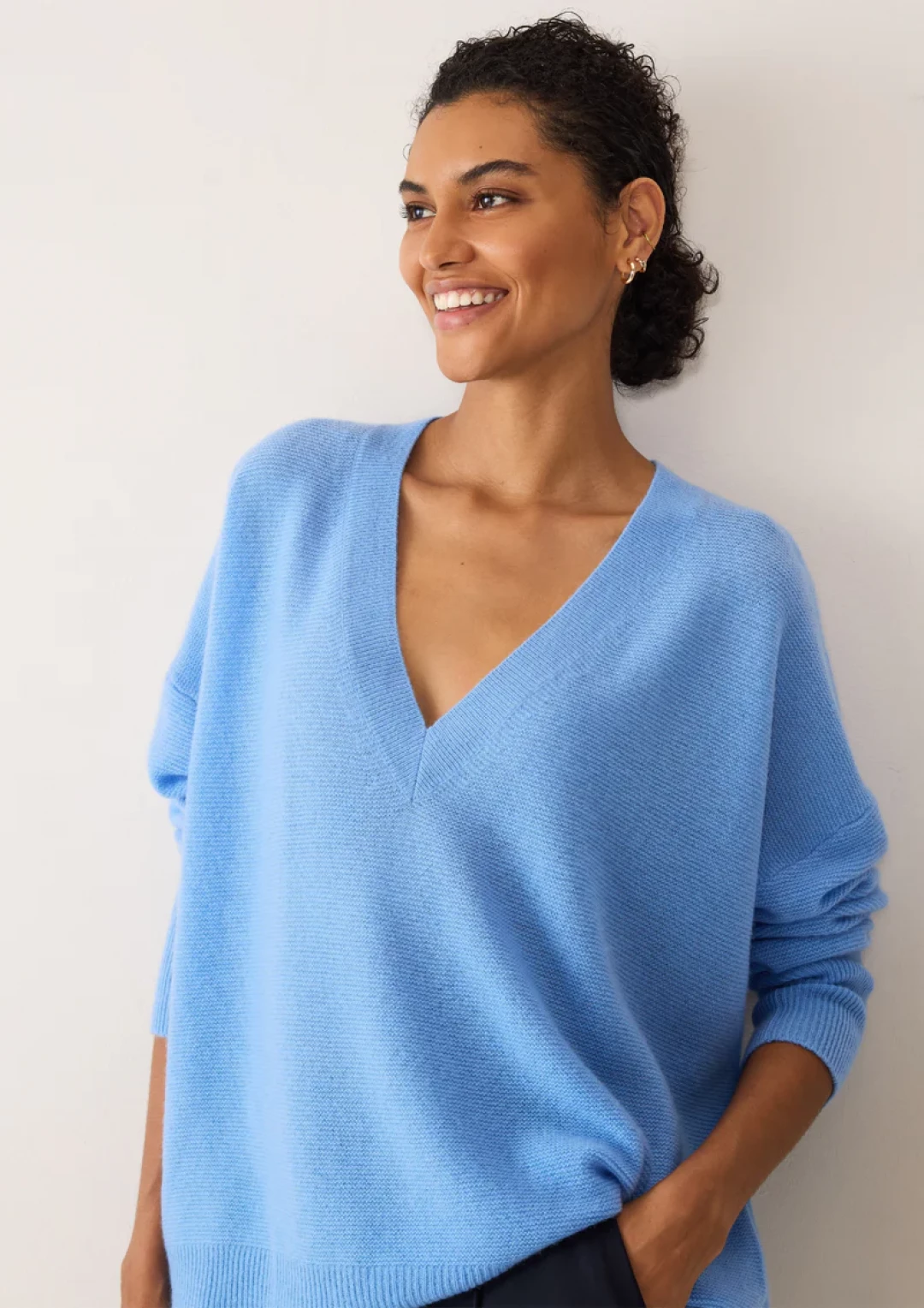 Relaxed Lofty V Neck Sweater in Delta Blue by LOOP Cashmere on curated-crowd.com