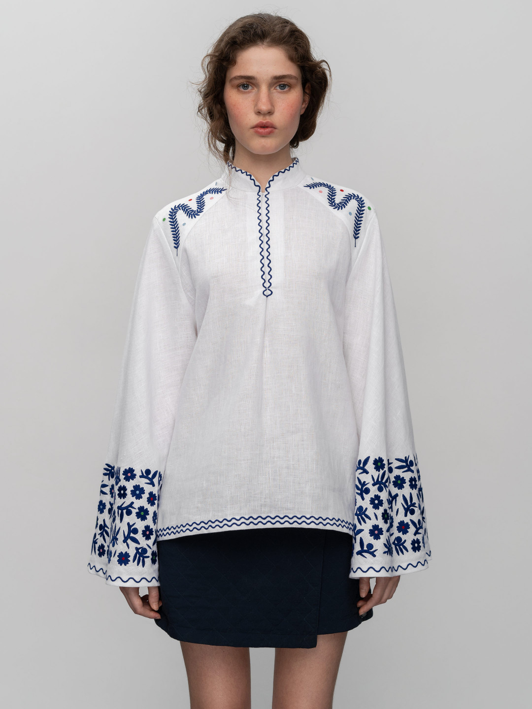 Embroidered Linen Blouse with Wide Sleeves 'Teren Syniy' by Etnodim on curated-crowd.com