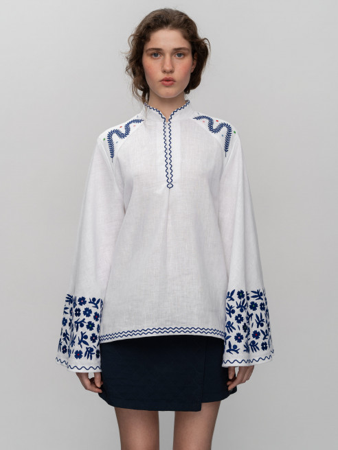 Embroidered Linen Blouse with Wide Sleeves 'Teren Syniy' by Etnodim on curated-crowd.com