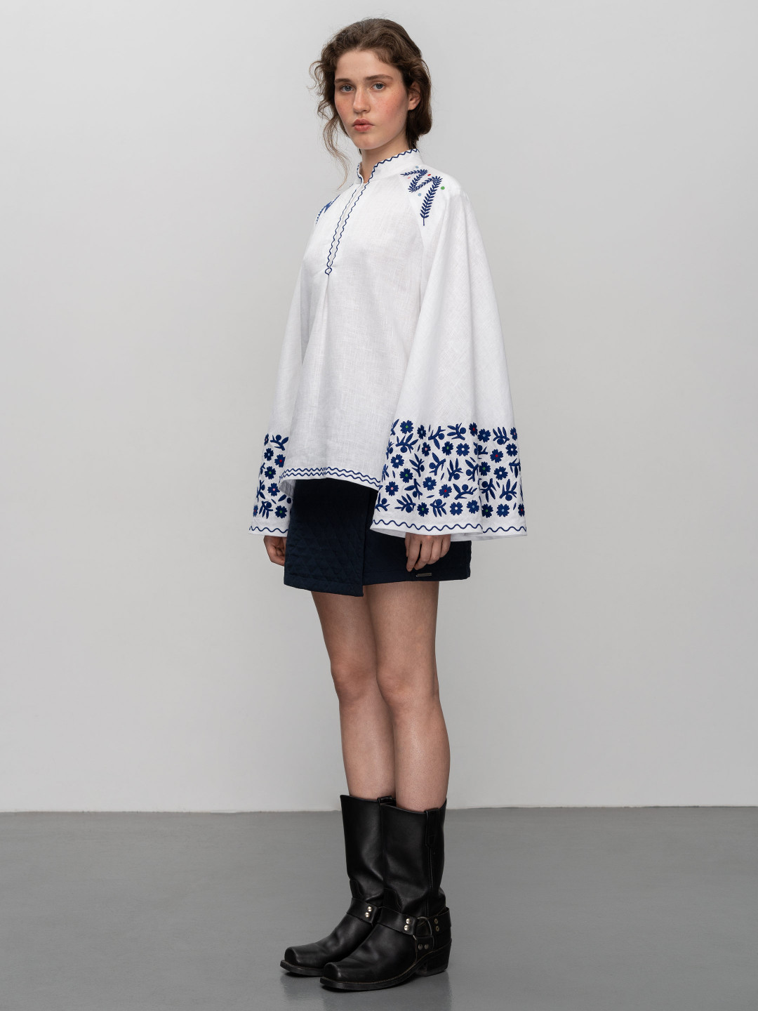 Embroidered Linen Blouse with Wide Sleeves 'Teren Syniy' by Etnodim on curated-crowd.com