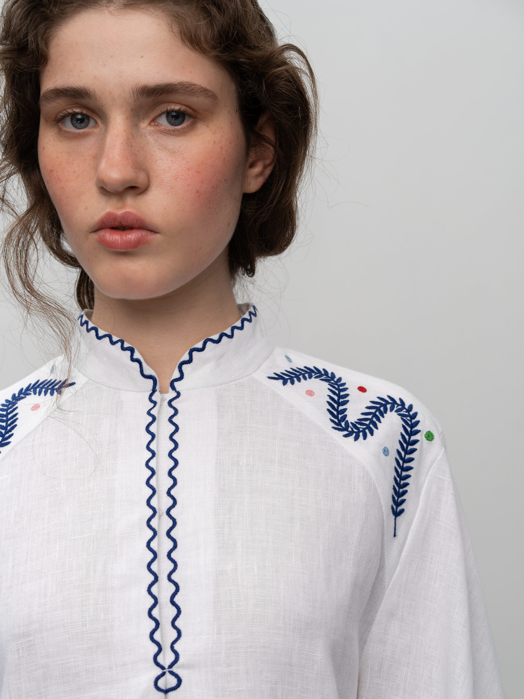 Embroidered Linen Blouse with Wide Sleeves 'Teren Syniy' by Etnodim on curated-crowd.com