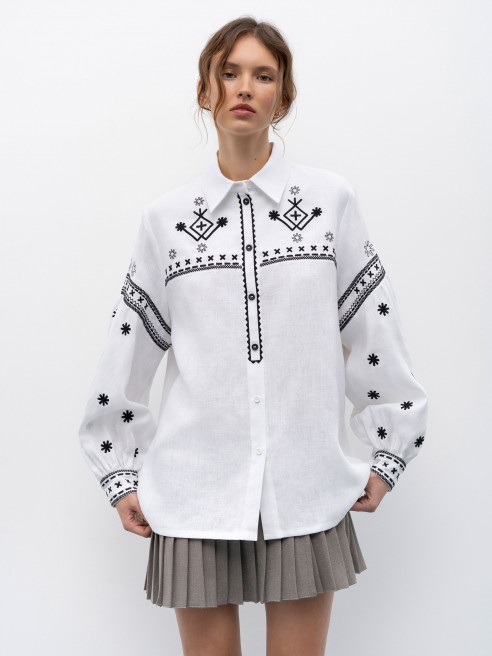 White Linen Shirt with Black Embroidery 'Tsvit' by Etnodim on curated-crowd.com