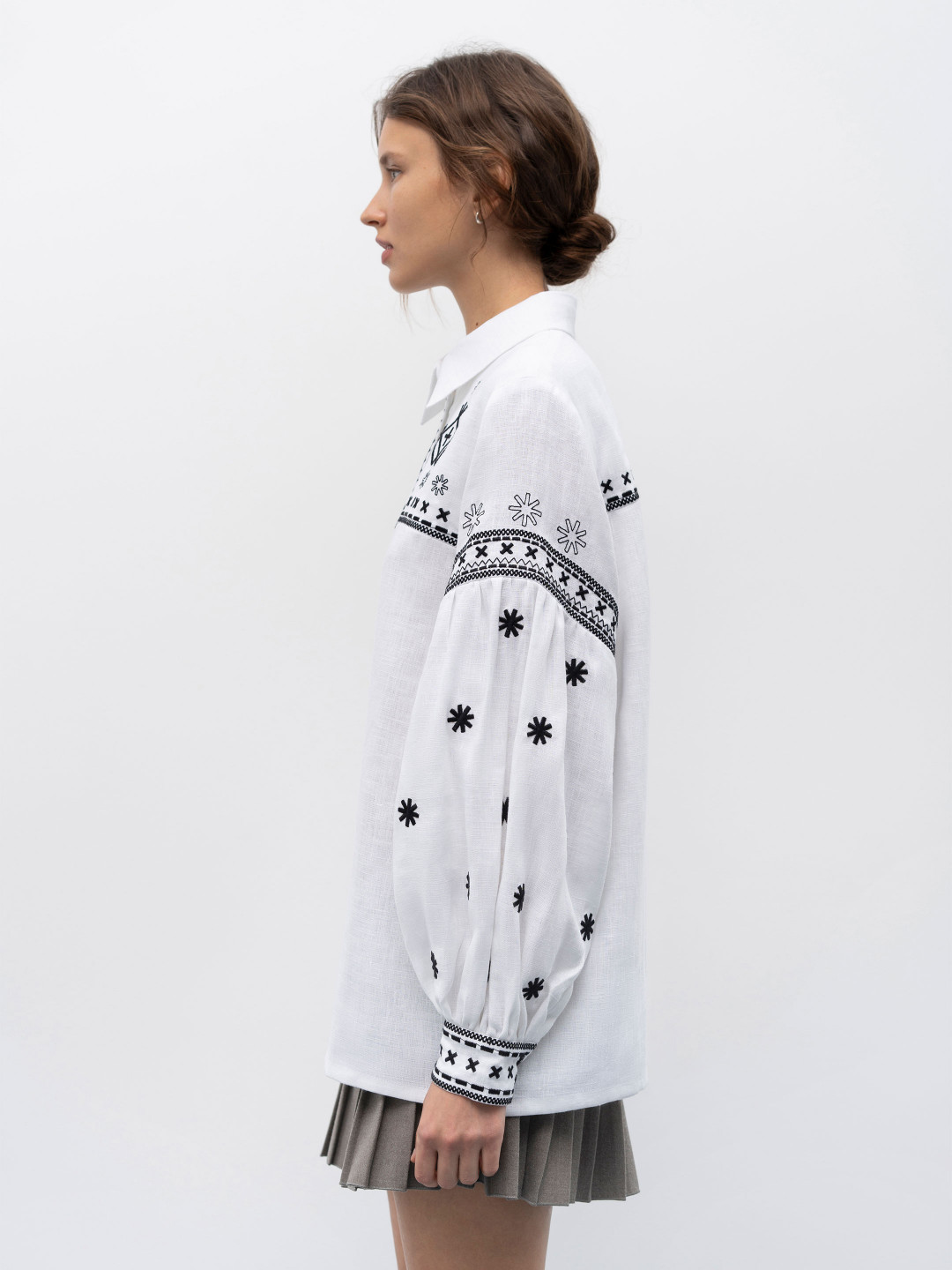 White Linen Shirt with Black Embroidery 'Tsvit' by Etnodim on curated-crowd.com