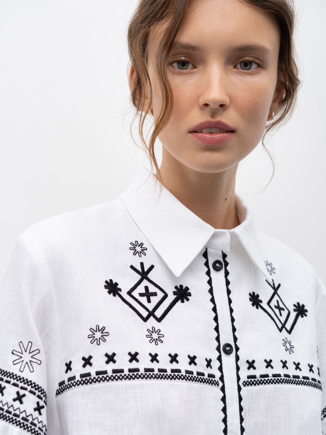 White Linen Shirt with Black Embroidery 'Tsvit' by Etnodim on curated-crowd.com