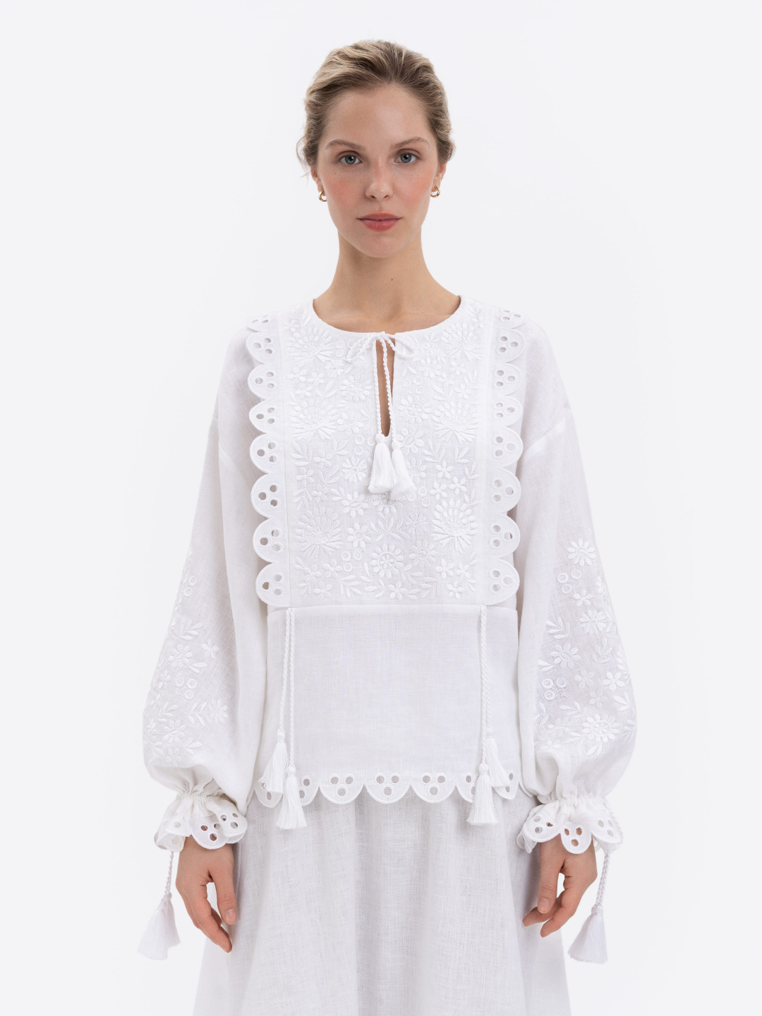 White Linen Shirt with White Floral Embroidery 'Ivan-kvitka' by Etnodim on curated-crowd.com