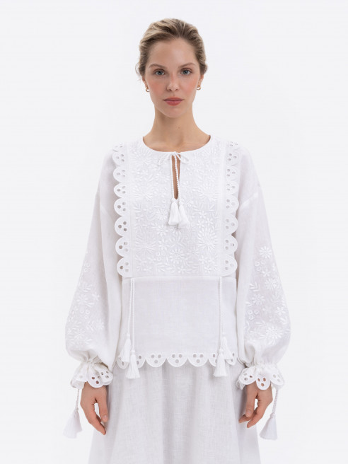 White Linen Shirt with White Floral Embroidery 'Ivan-kvitka' by Etnodim on curated-crowd.com