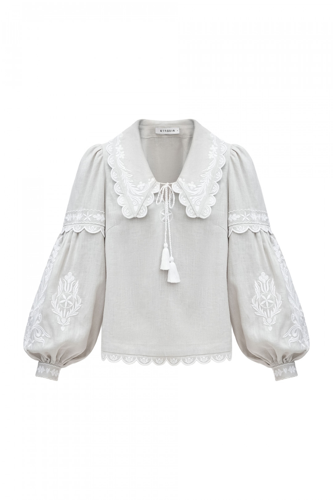 Gray Linen Blouse with White Embroidery 'Kakhovka' by Etnodim on curated-crowd.com