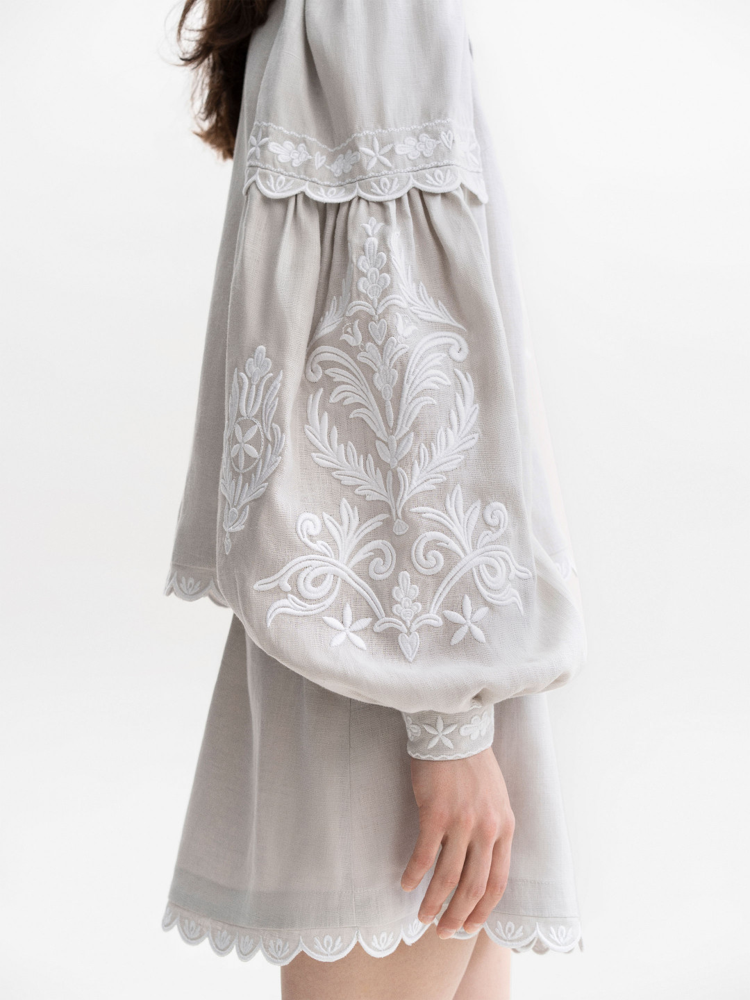 Gray Linen Blouse with White Embroidery 'Kakhovka' by Etnodim on curated-crowd.com