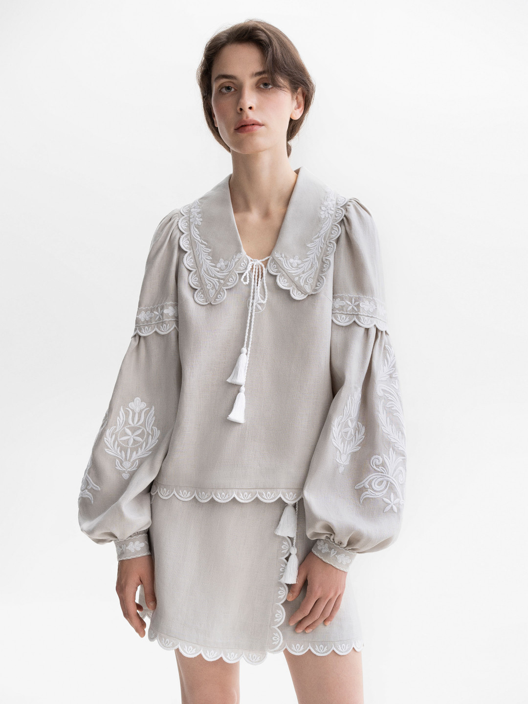 Gray Linen Blouse with White Embroidery 'Kakhovka' by Etnodim on curated-crowd.com