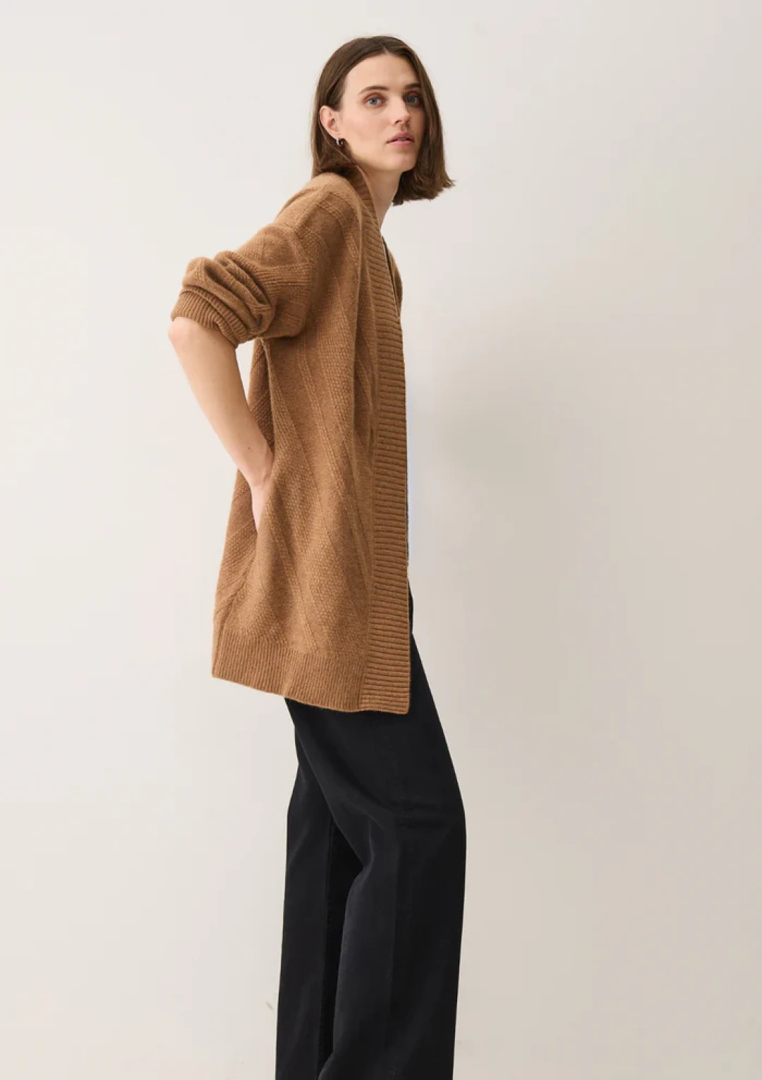 Textured Chevron Cardigan in Harvest Brown by LOOP Cashmere on curated-crowd.com