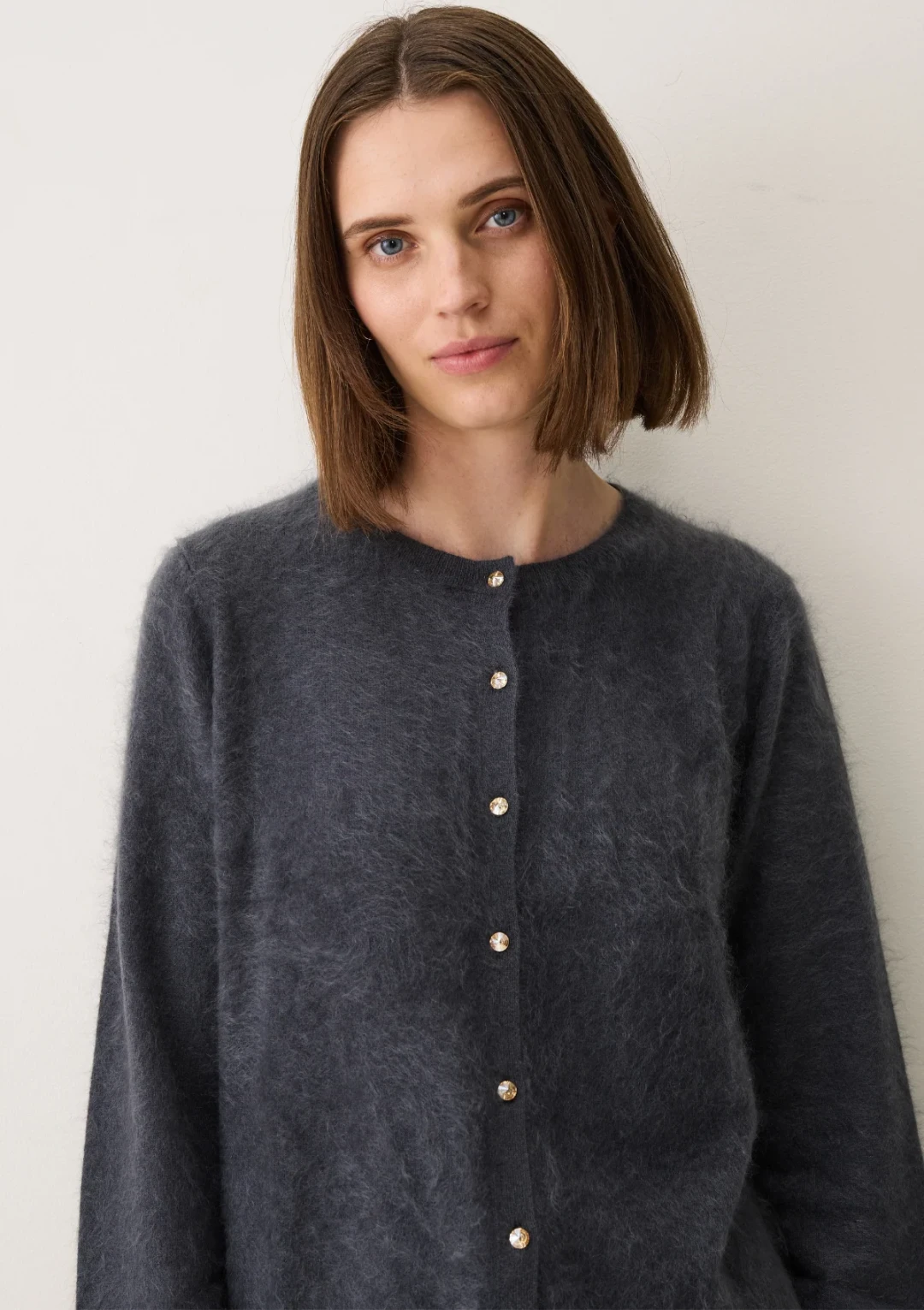 Brushed Cashmere Cardigan with Jewelled Buttons in Universe Grey by LOOP Cashmere on curated-crowd.com