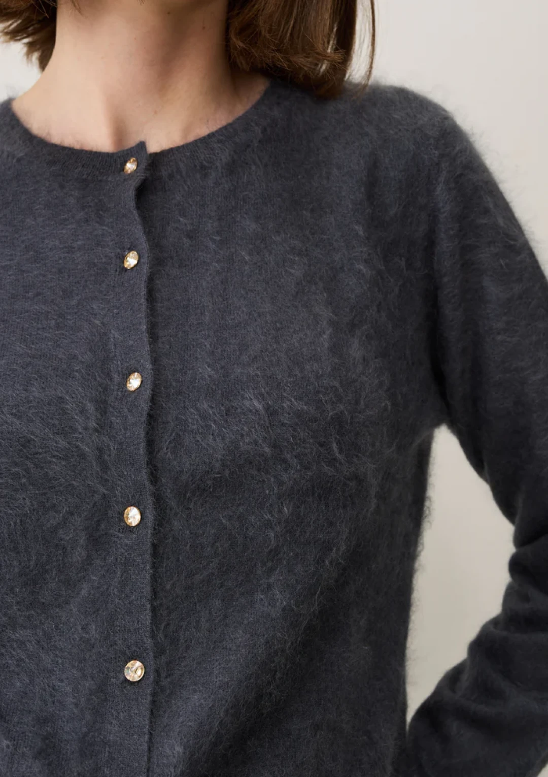 Brushed Cashmere Cardigan with Jewelled Buttons in Universe Grey by LOOP Cashmere on curated-crowd.com