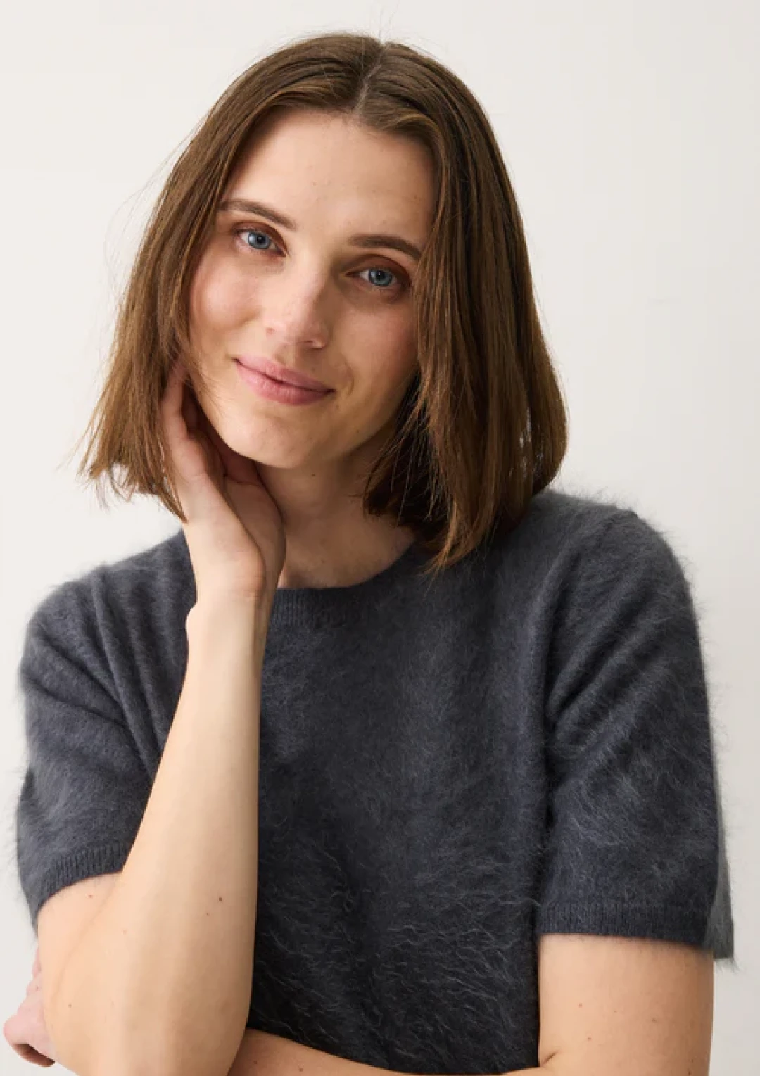 Short-Sleeved Brushed Cashmere Sweater with Jewelled Buttons in Universe Grey by LOOP Cashmere on curated-crowd.com