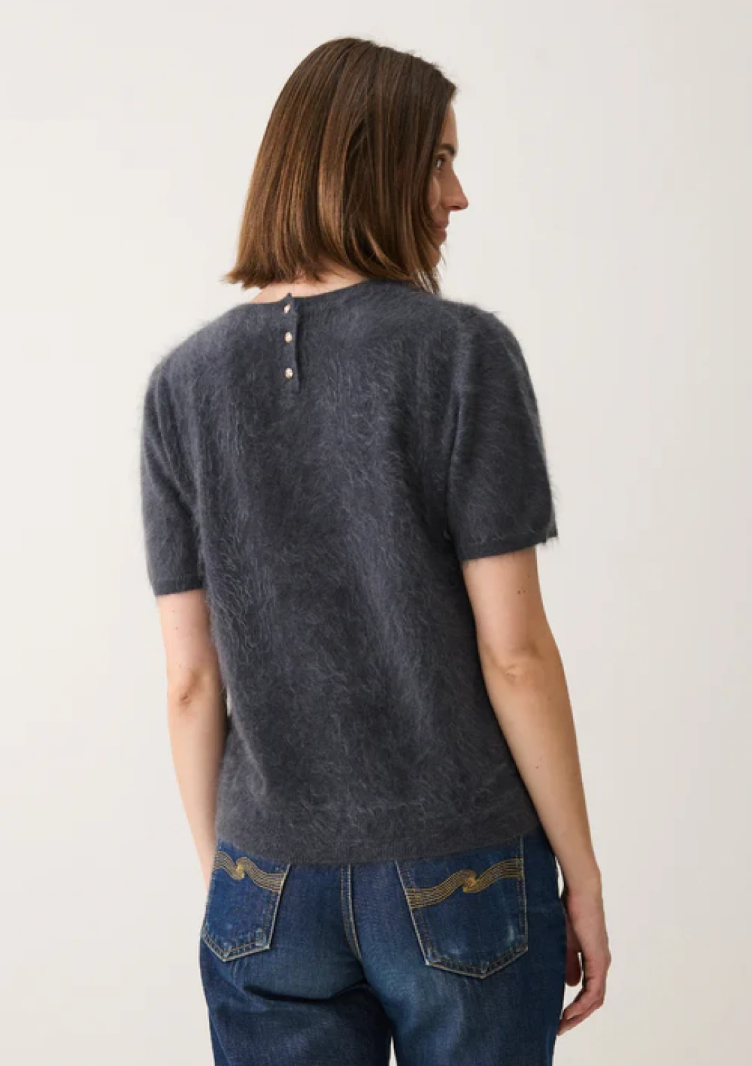 Short-Sleeved Brushed Cashmere Sweater with Jewelled Buttons in Universe Grey by LOOP Cashmere on curated-crowd.com