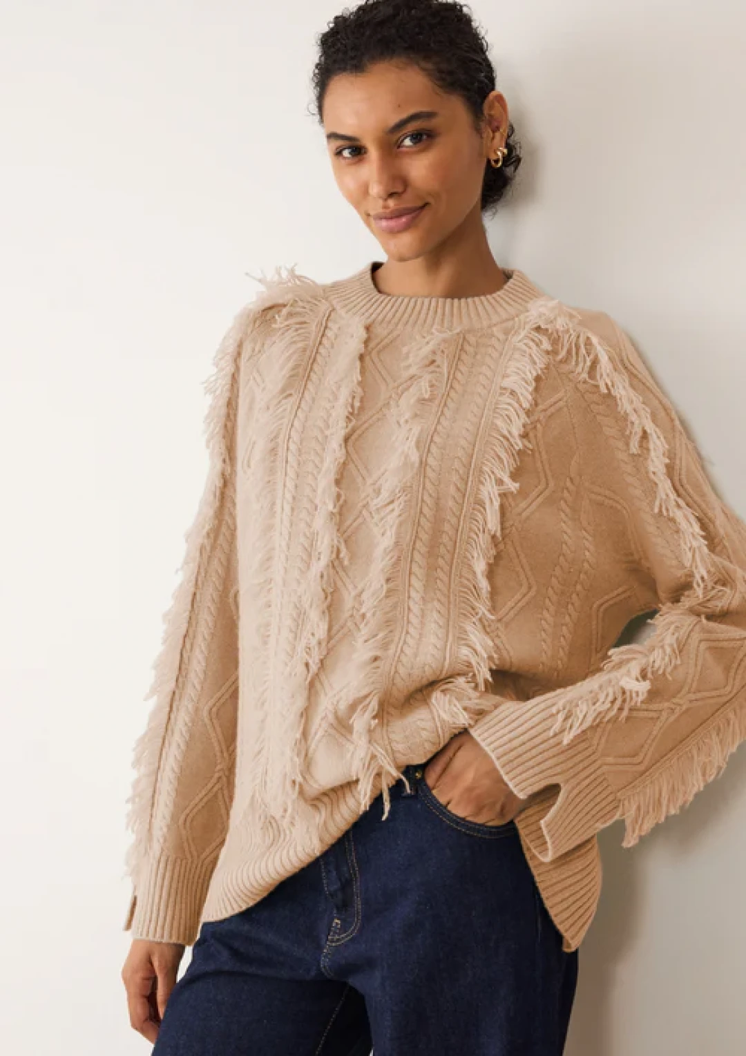 Fringed Cabled Sweater in Toffee by LOOP Cashmere on curated-crowd.com
