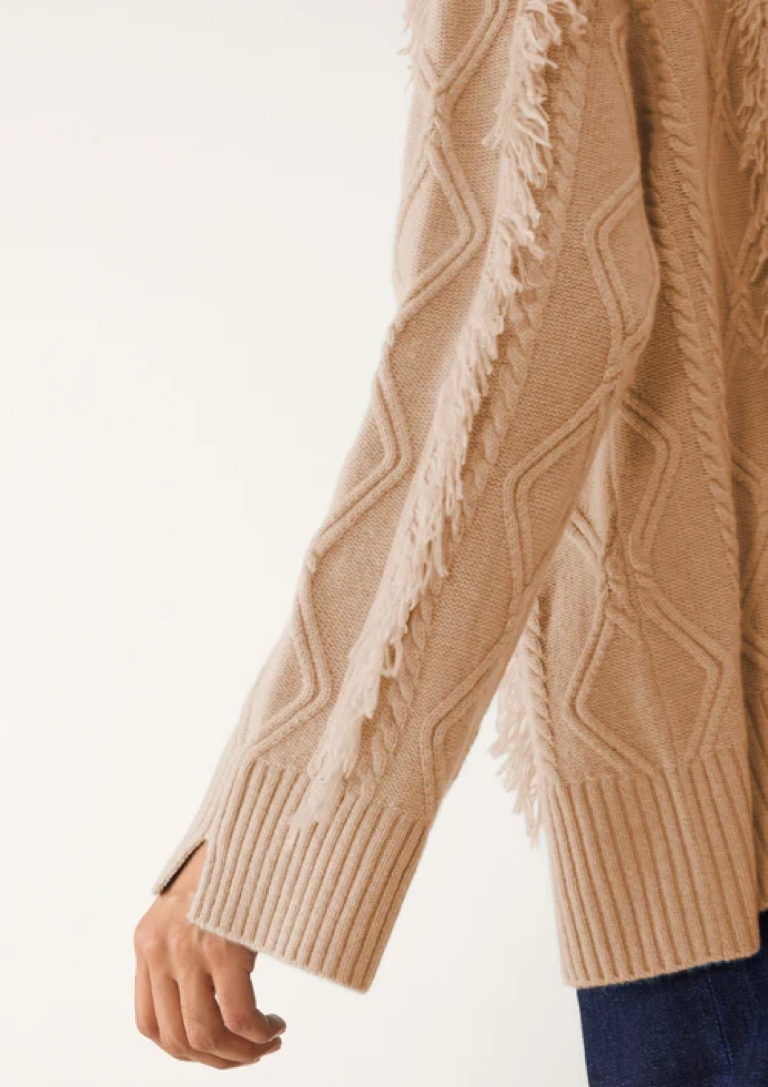 Fringed Cabled Sweater in Toffee by LOOP Cashmere on curated-crowd.com