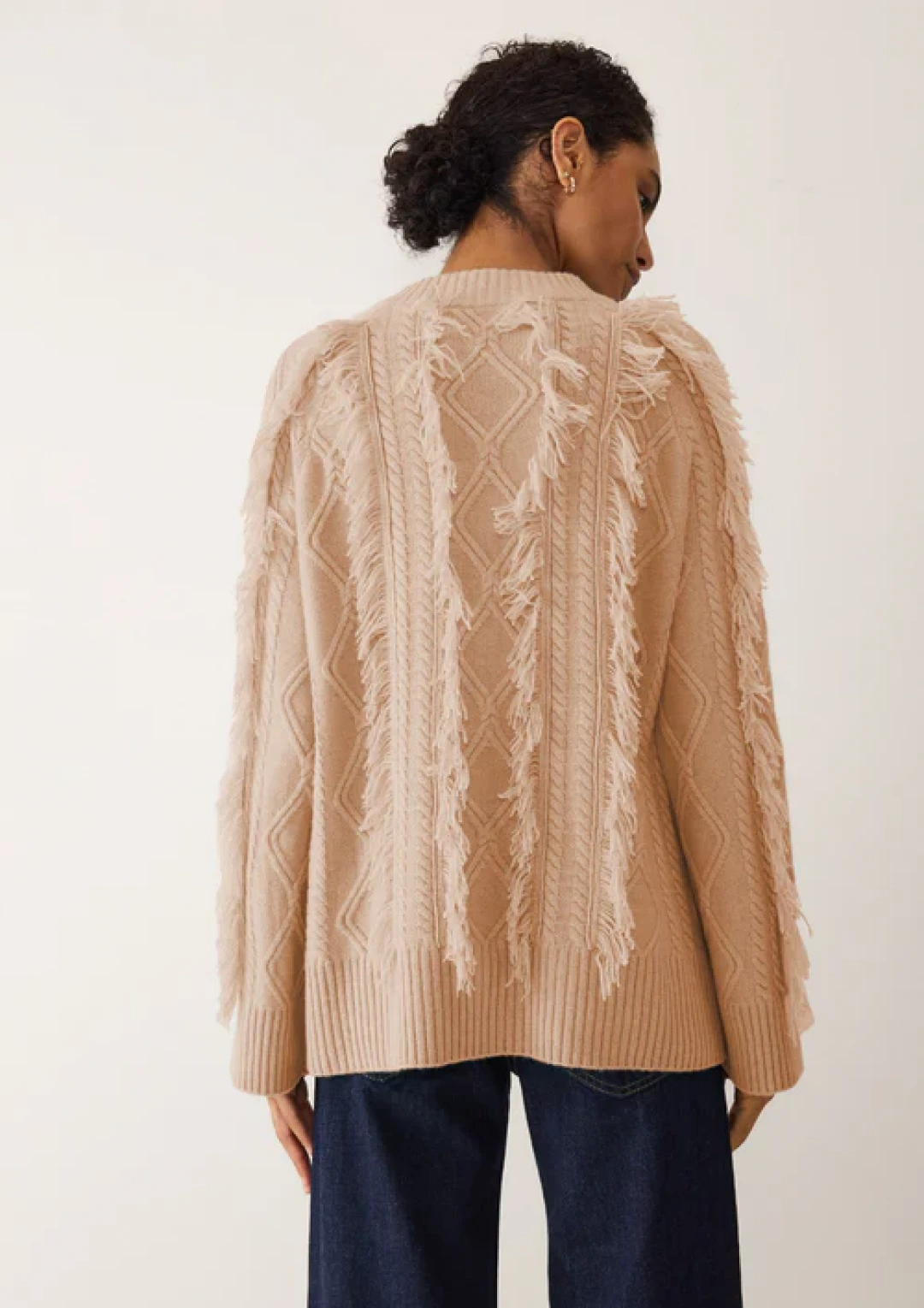 Fringed Cabled Sweater in Toffee by LOOP Cashmere on curated-crowd.com