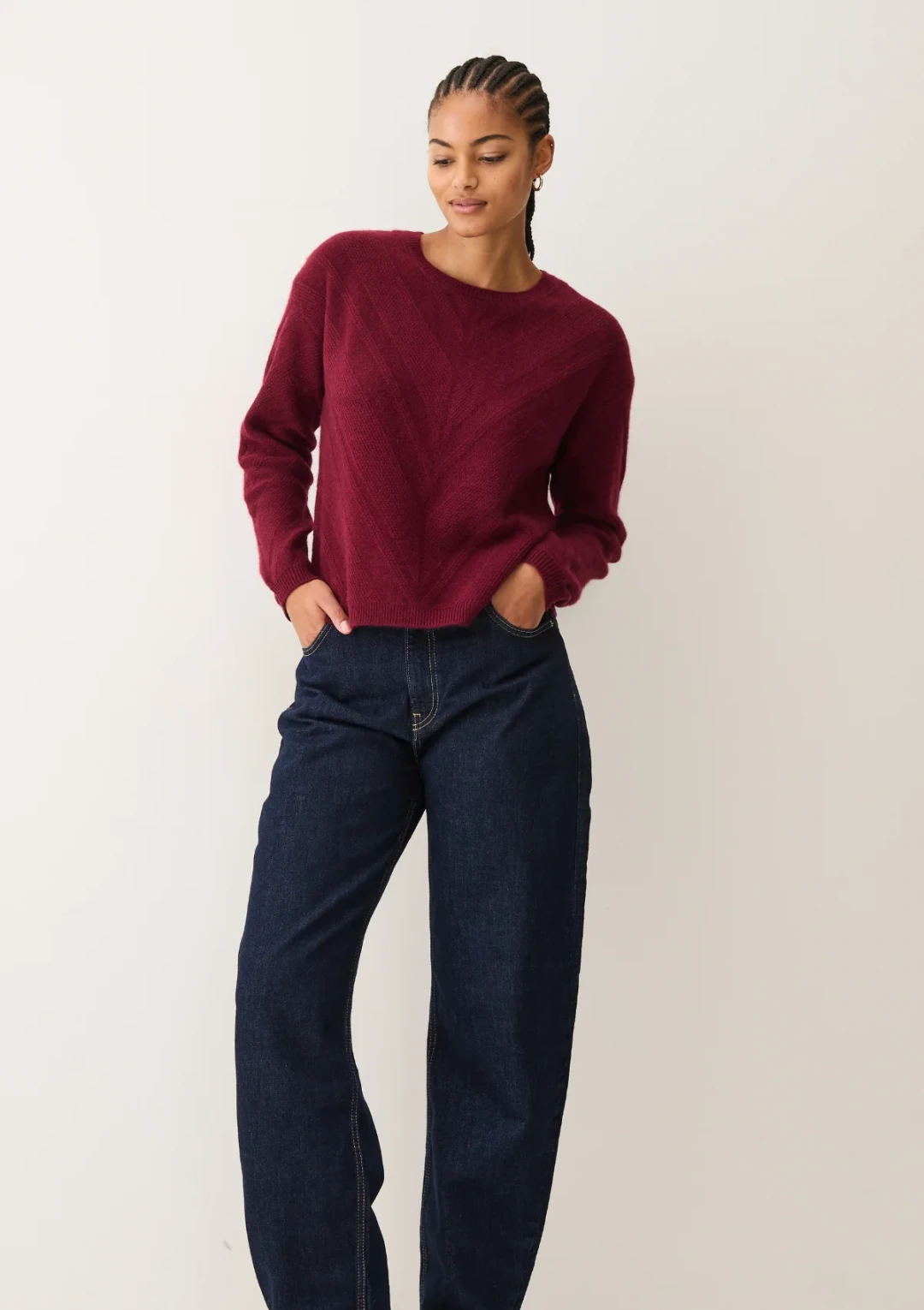 Textured Chevron Sweater in Barolo Red by LOOP Cashmere on curated-crowd.com