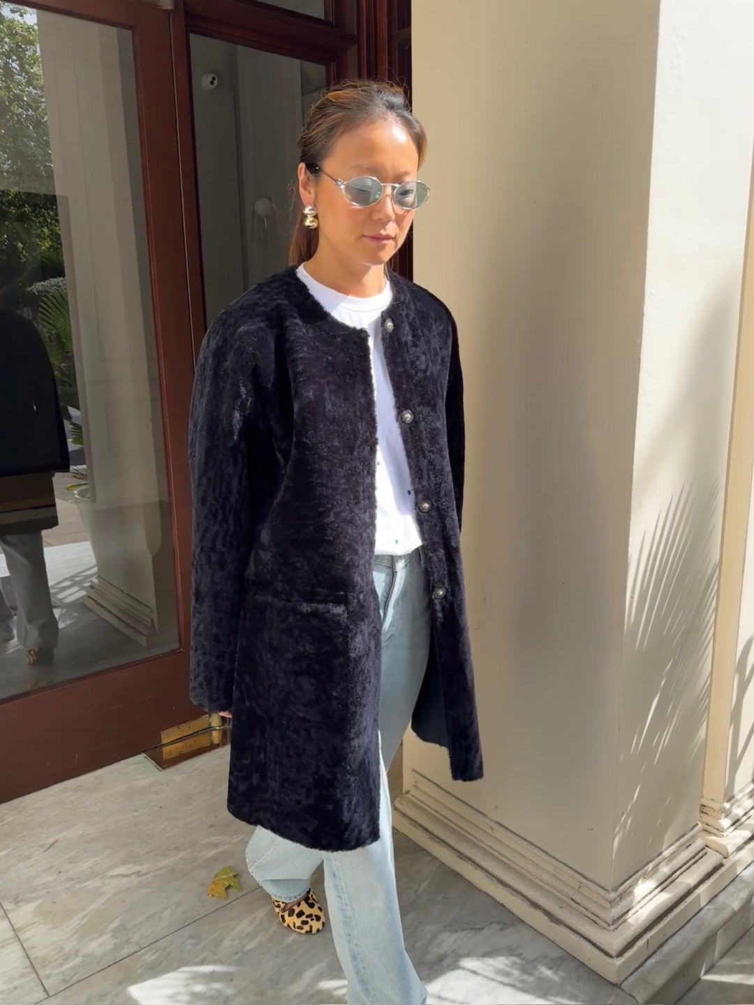 Vivage Shearling Coat in Navy Blue by Curated Crowd Collective on curated-crowd.com
