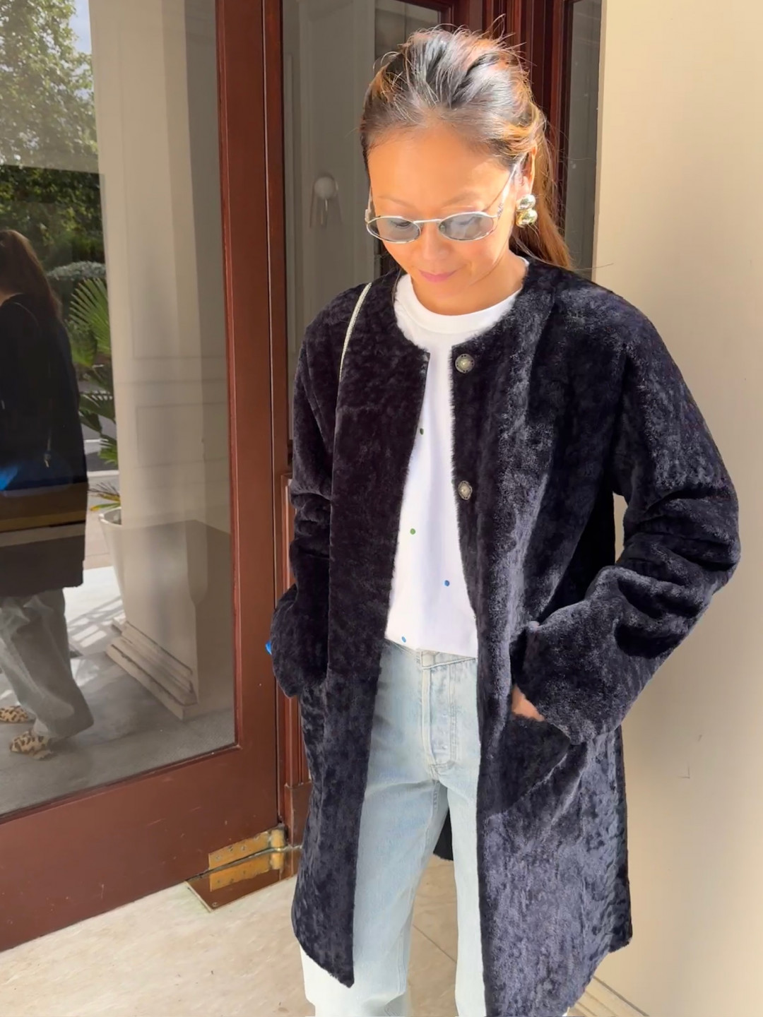 Vivage Shearling Coat in Navy Blue by Curated Crowd Collective on curated-crowd.com