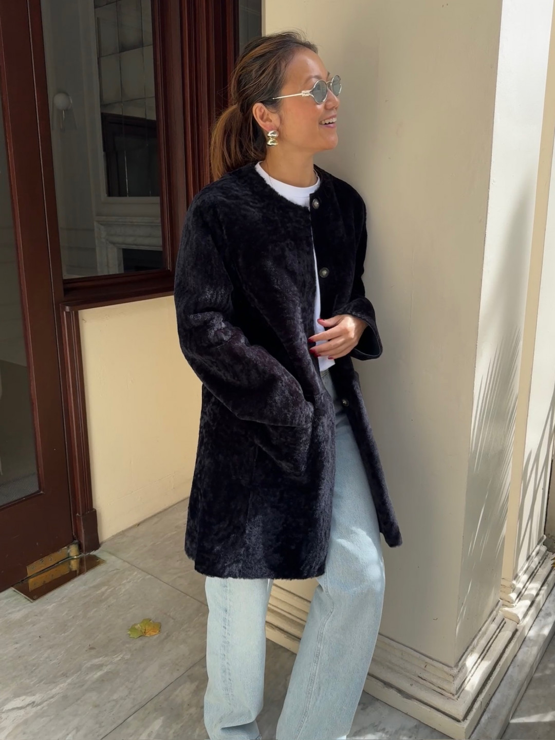 Vivage Shearling Coat in Navy Blue by Curated Crowd Collective on curated-crowd.com