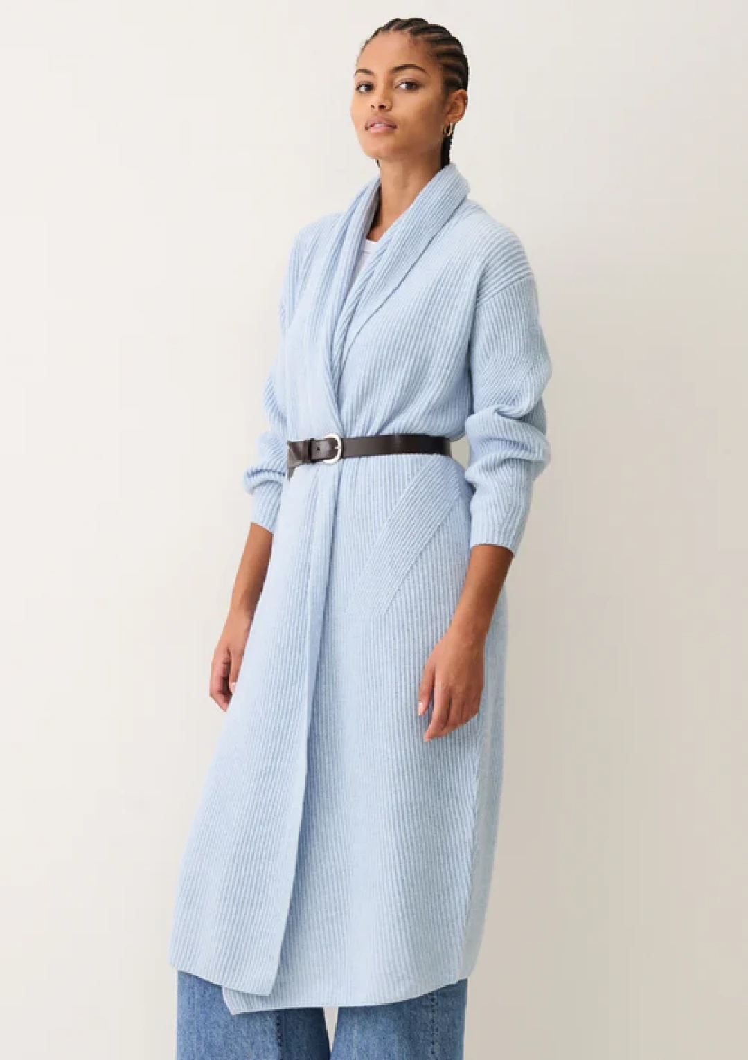 Ribbed Cashmere Coatigan in Skyway Blue by LOOP Cashmere on curated-crowd.com