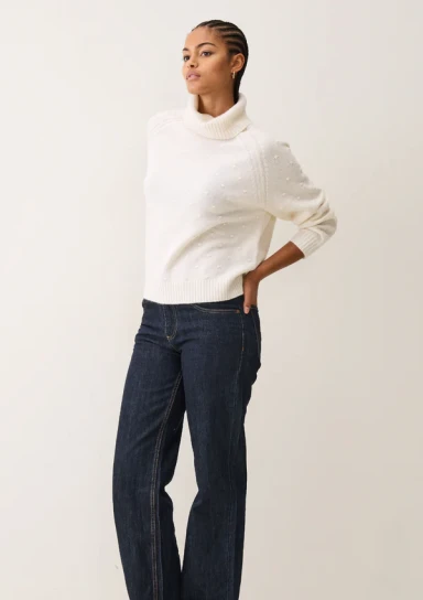 Bobble Polo Neck Sweater in Snow White by LOOP Cashmere on curated-crowd.com