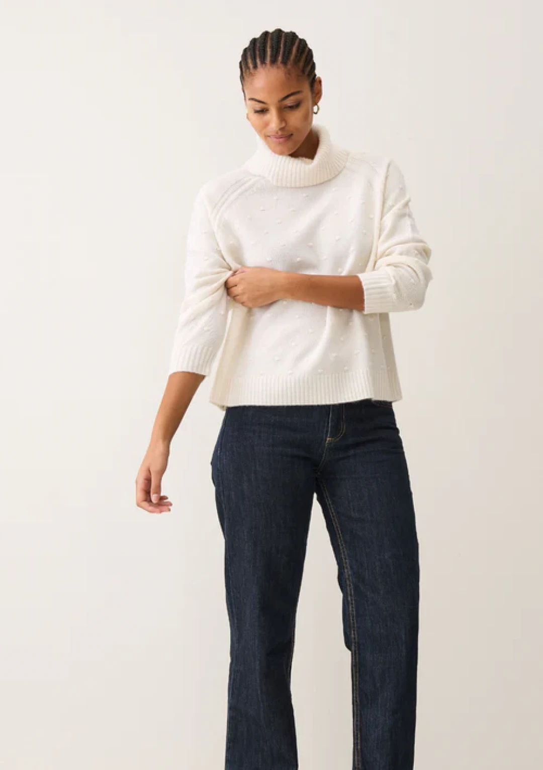 Bobble Polo Neck Sweater in Snow White by LOOP Cashmere on curated-crowd.com