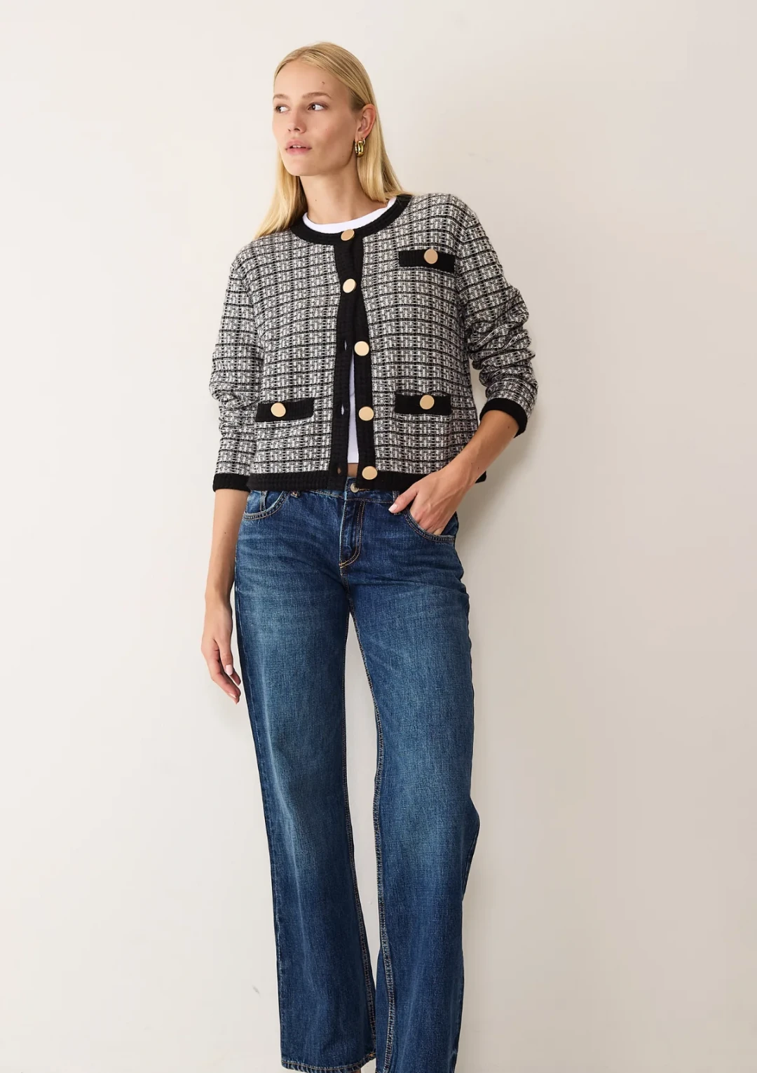 Textured Cashmere Crew Jacket in Black Check by LOOP Cashmere on curated-crowd.com