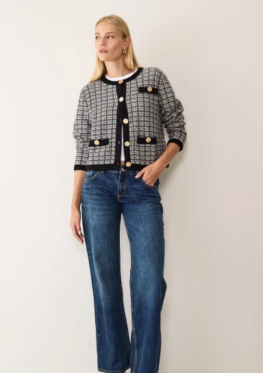 Textured Cashmere Crew Jacket in Black Check by LOOP Cashmere on curated-crowd.com
