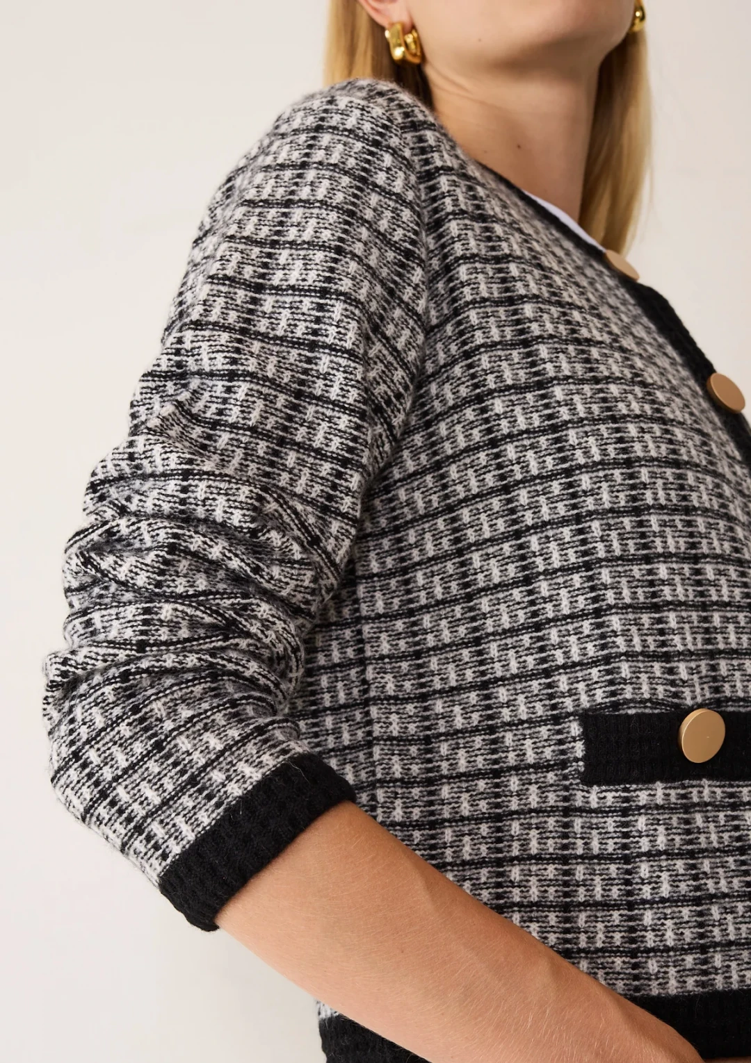 Textured Cashmere Crew Jacket in Black Check by LOOP Cashmere on curated-crowd.com
