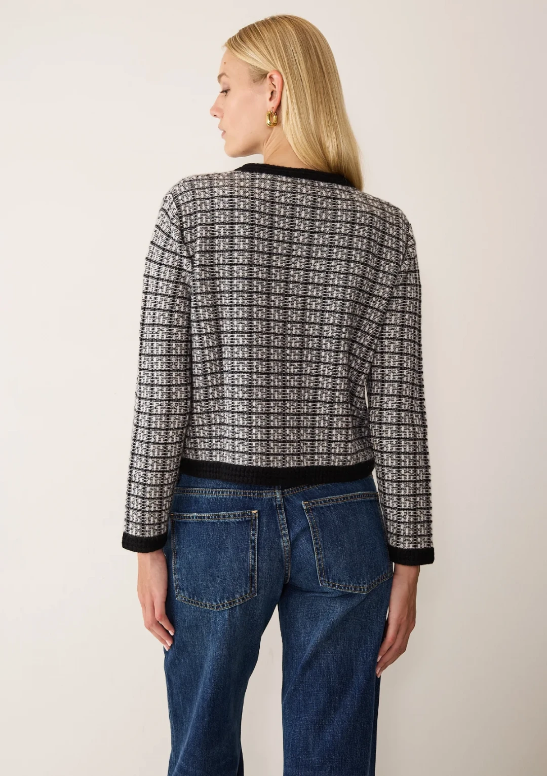 Textured Cashmere Crew Jacket in Black Check by LOOP Cashmere on curated-crowd.com