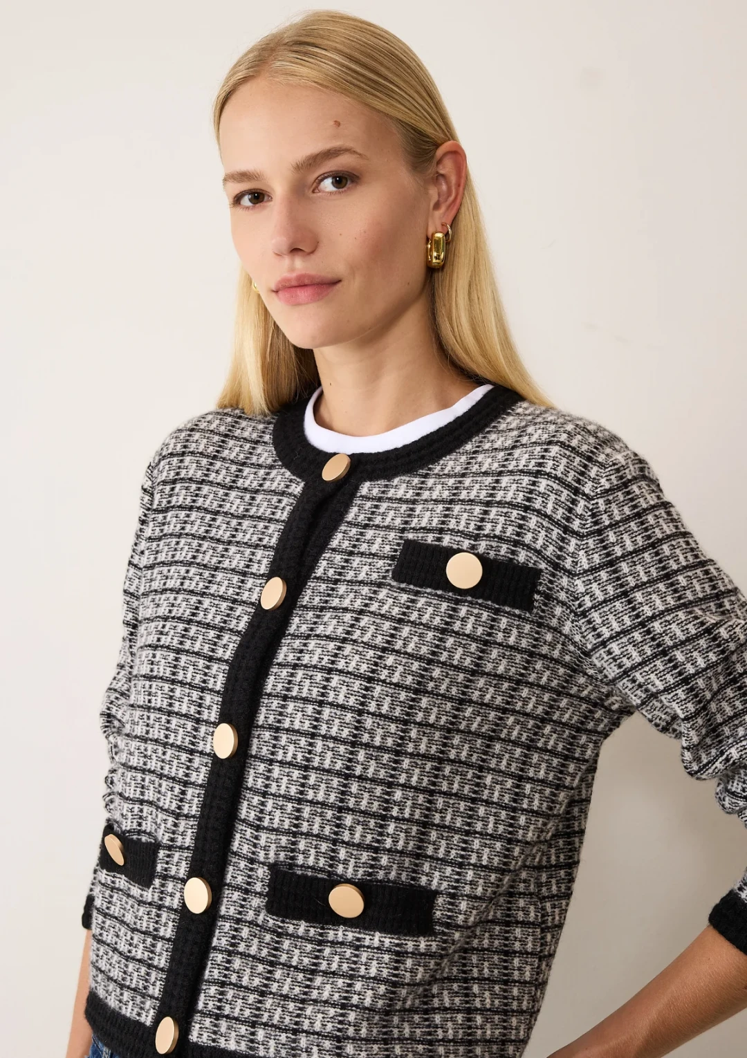 Textured Cashmere Crew Jacket in Black Check by LOOP Cashmere on curated-crowd.com