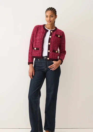 Textured Cashmere Crew Jacket in Pink Check by LOOP Cashmere on curated-crowd.com