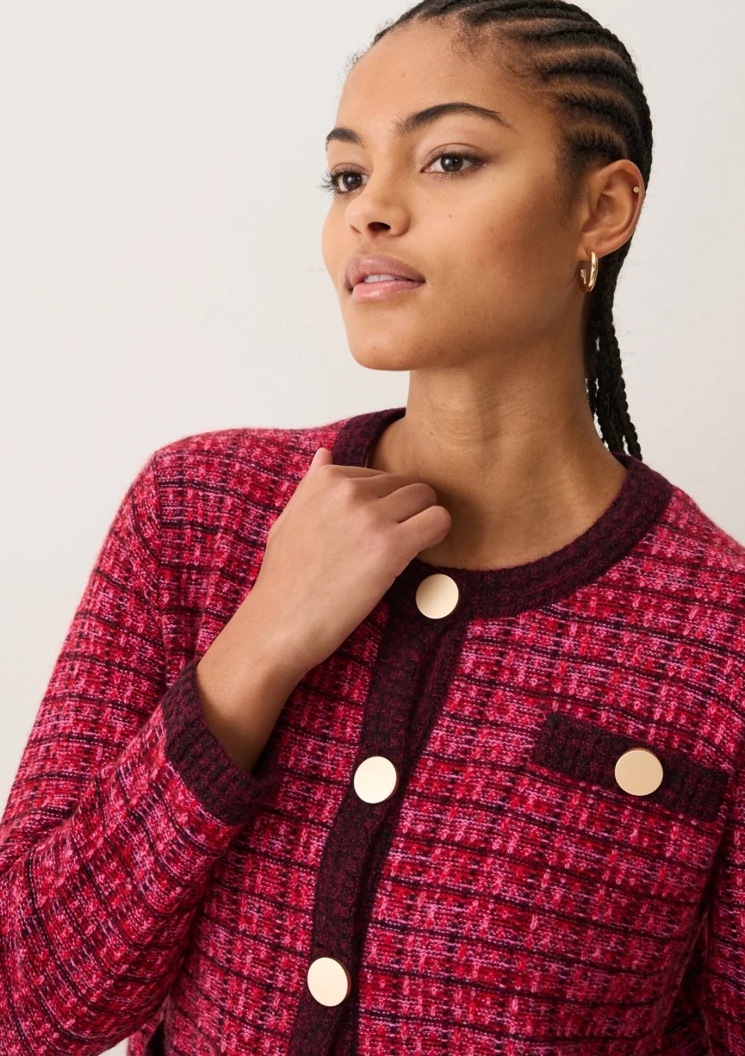 Textured Cashmere Crew Jacket in Pink Check by LOOP Cashmere on curated-crowd.com