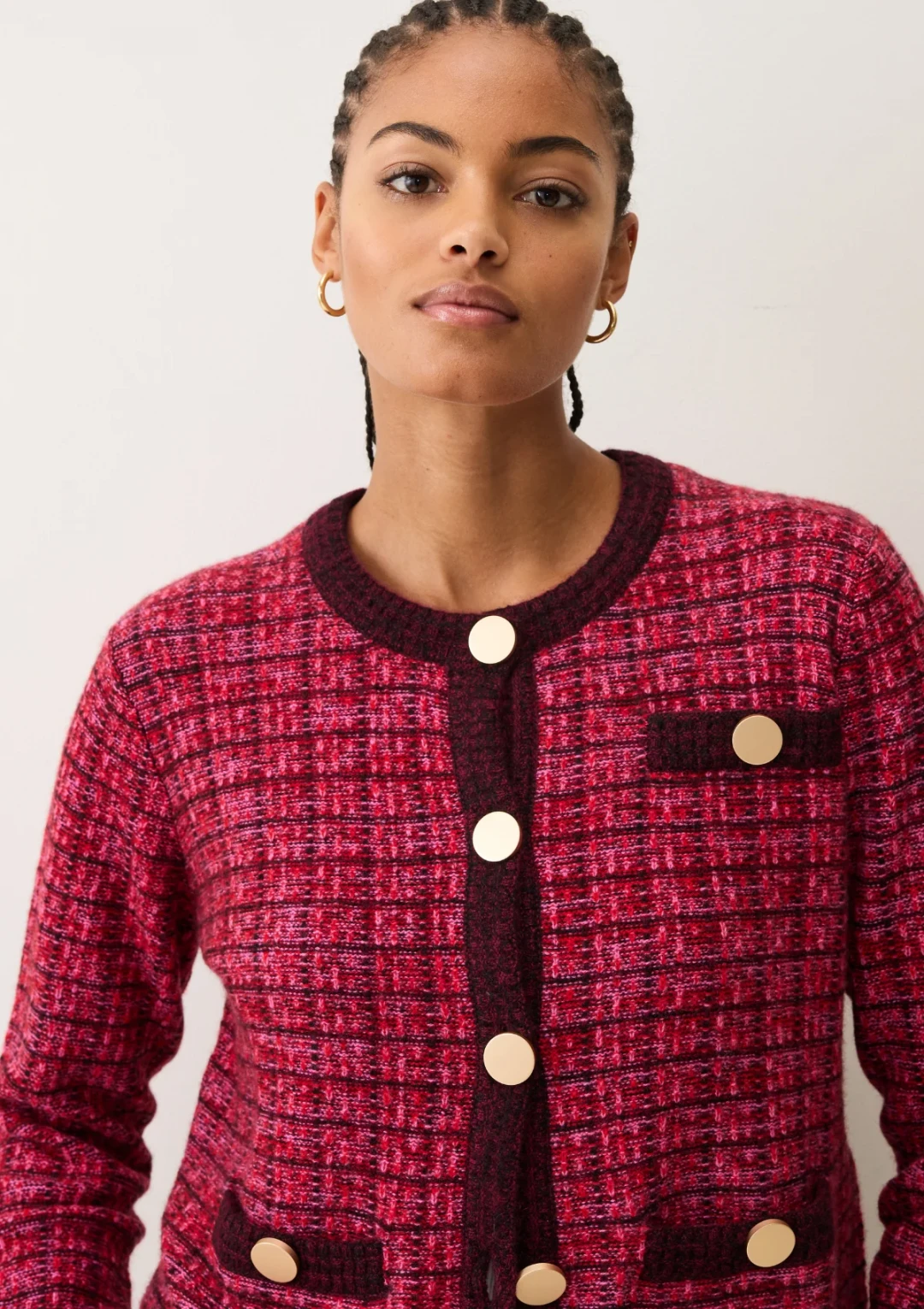 Textured Cashmere Crew Jacket in Pink Check by LOOP Cashmere on curated-crowd.com