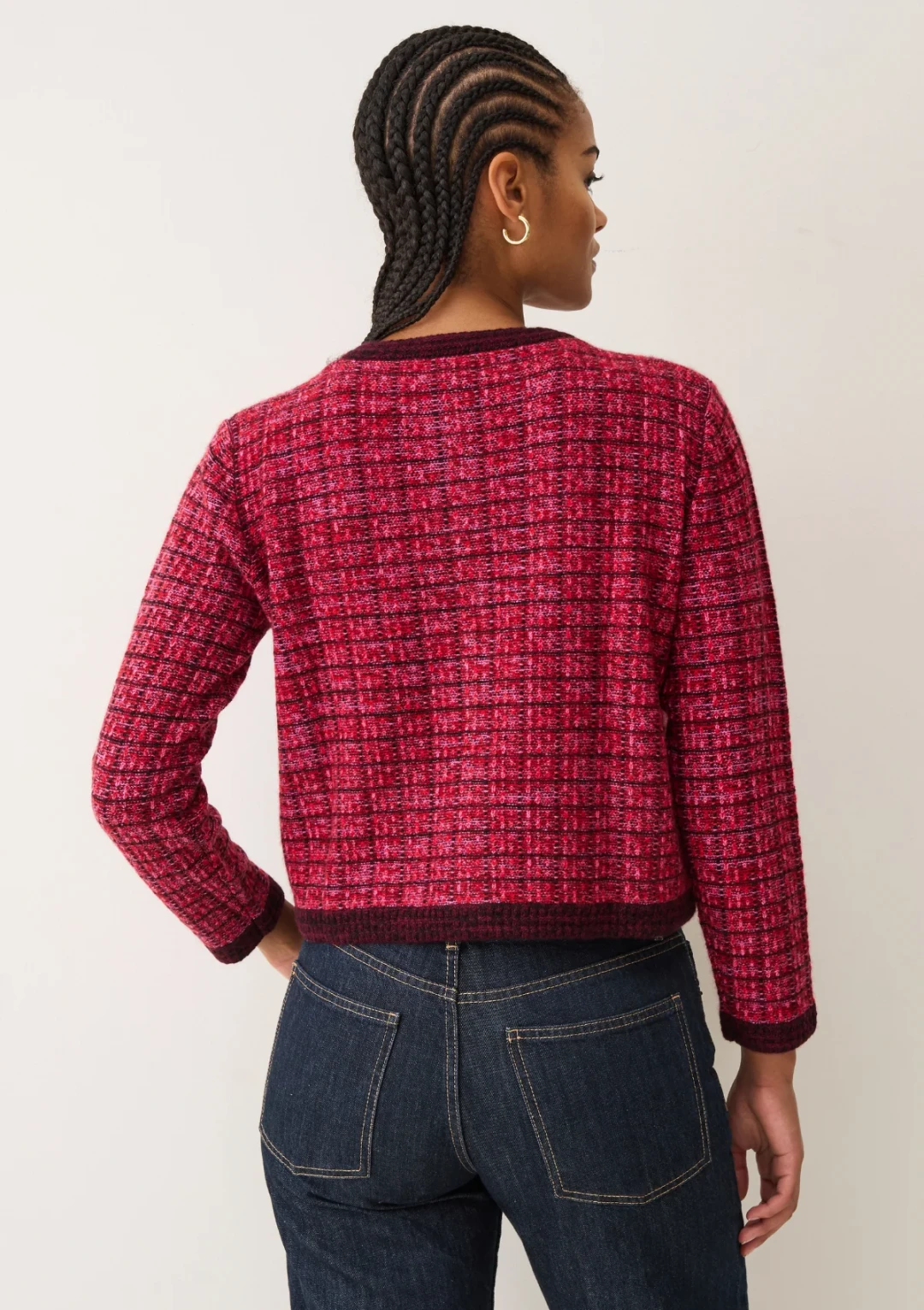 Textured Cashmere Crew Jacket in Pink Check by LOOP Cashmere on curated-crowd.com