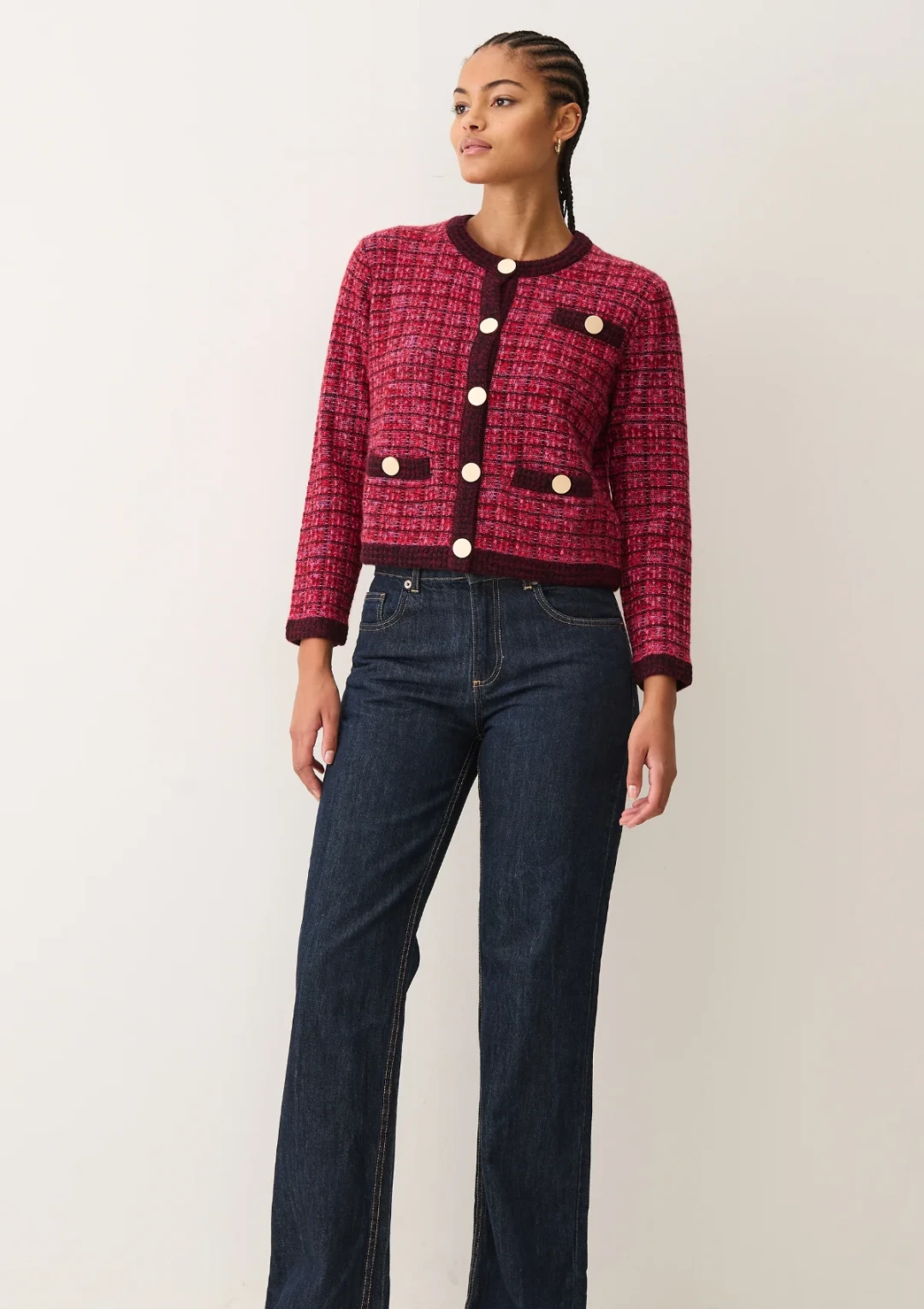 Textured Cashmere Crew Jacket in Pink Check by LOOP Cashmere on curated-crowd.com