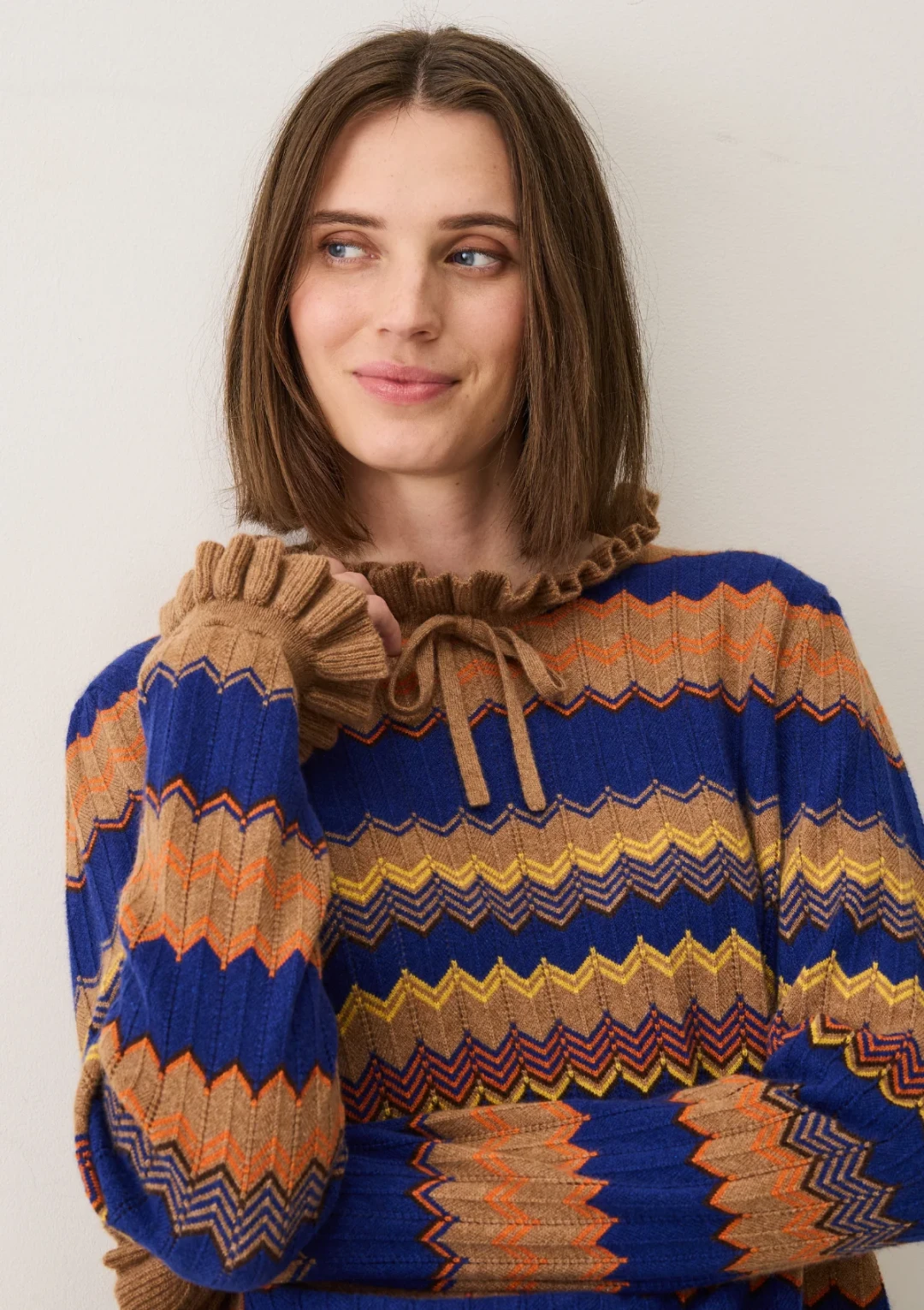 Chevron Stitch Sweater in Blue & Orange Mix by LOOP Cashmere on curated-crowd.com