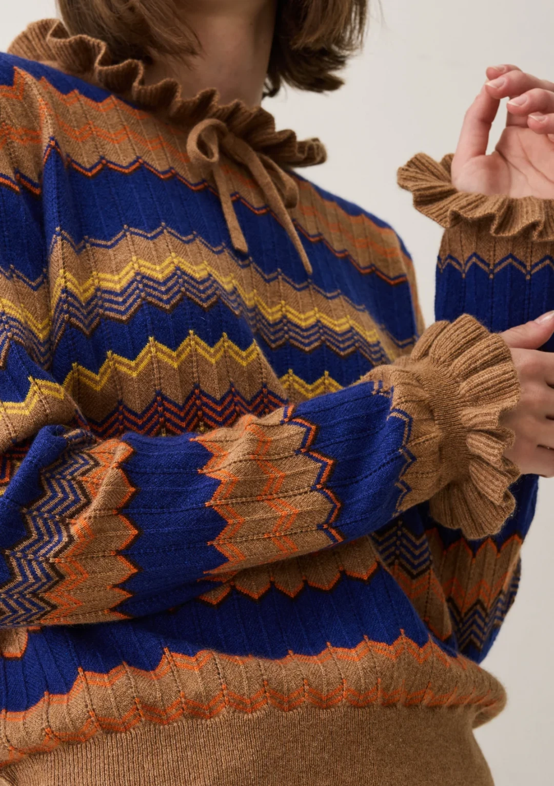 Chevron Stitch Sweater in Blue & Orange Mix by LOOP Cashmere on curated-crowd.com