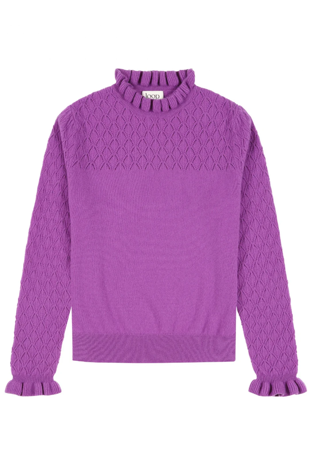 Tie Neck Pointelle Sweater in Vibration Purple by LOOP Cashmere on curated-crowd.com