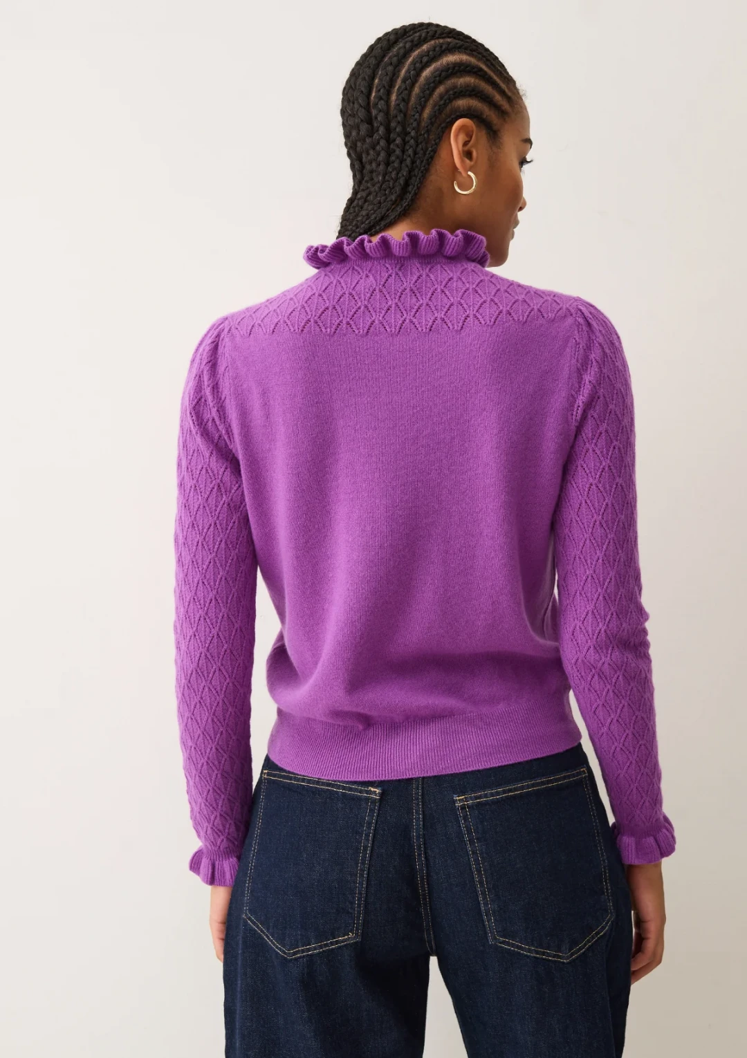 Tie Neck Pointelle Sweater in Vibration Purple by LOOP Cashmere on curated-crowd.com