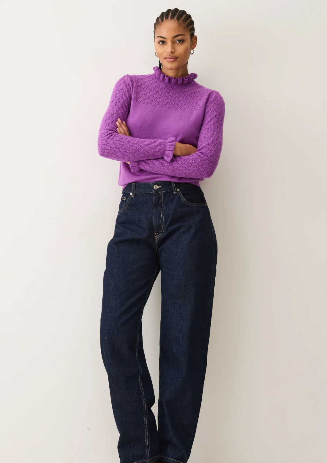 Tie Neck Pointelle Sweater in Vibration Purple by LOOP Cashmere on curated-crowd.com