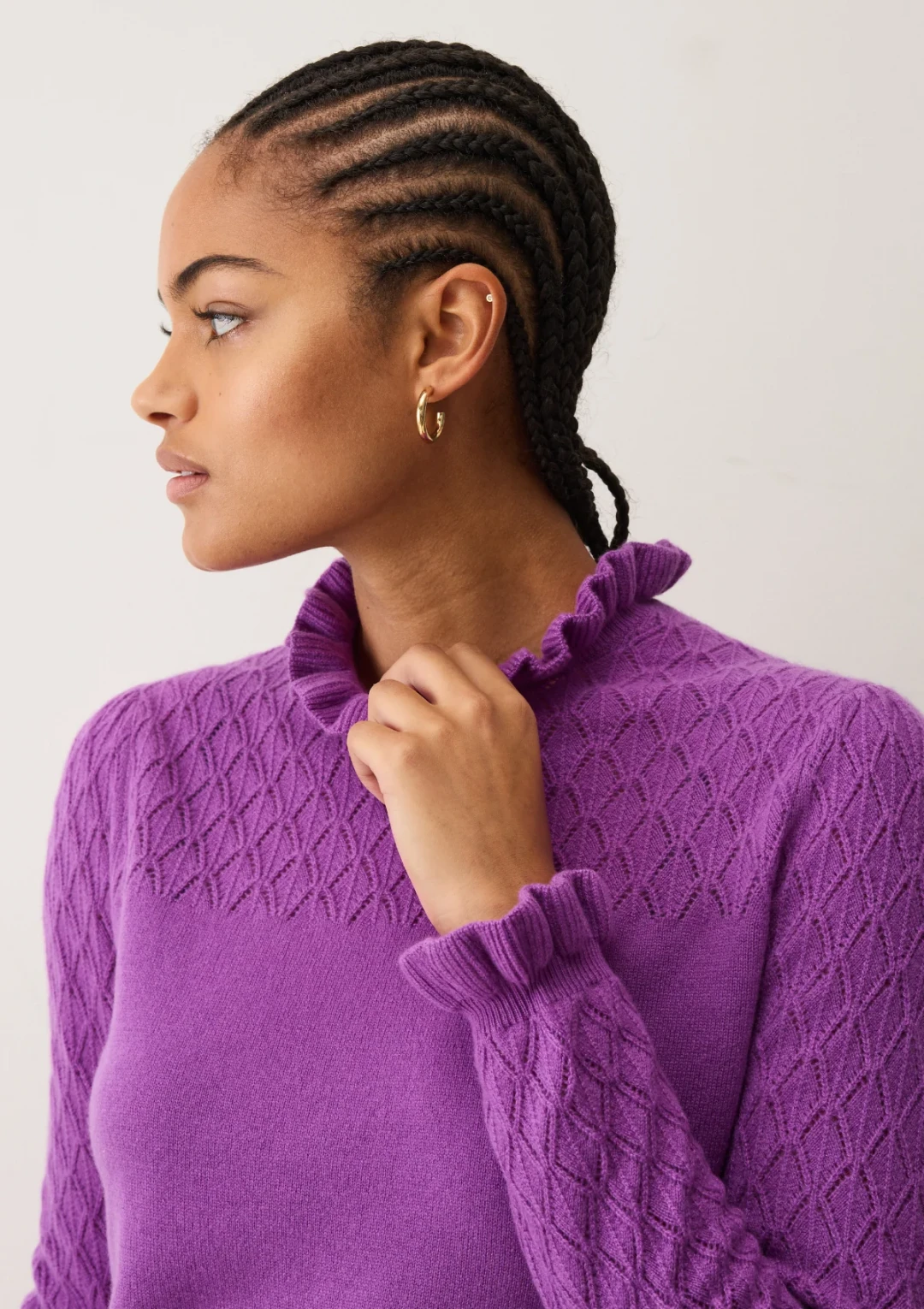 Tie Neck Pointelle Sweater in Vibration Purple by LOOP Cashmere on curated-crowd.com
